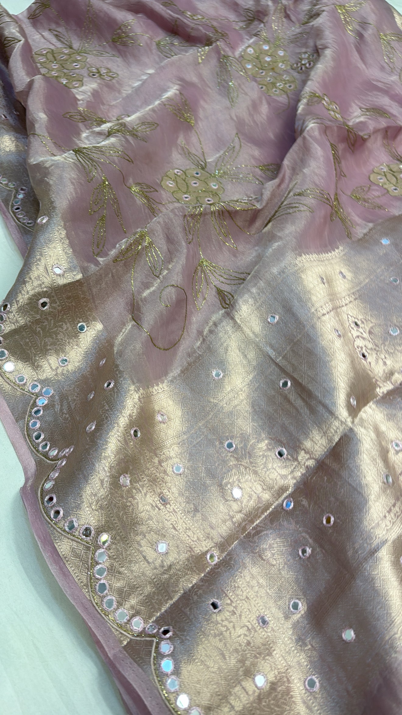 Blush pink husn tissue silk hand embroidered kadhwa saree